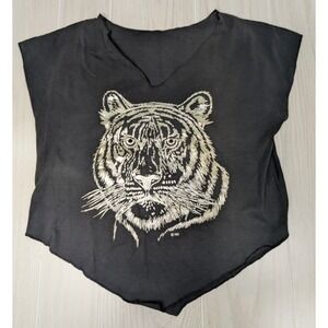 T-Shirt Women's M crop v hem silver tiger stone eyes READ FLAWED vintage 80s